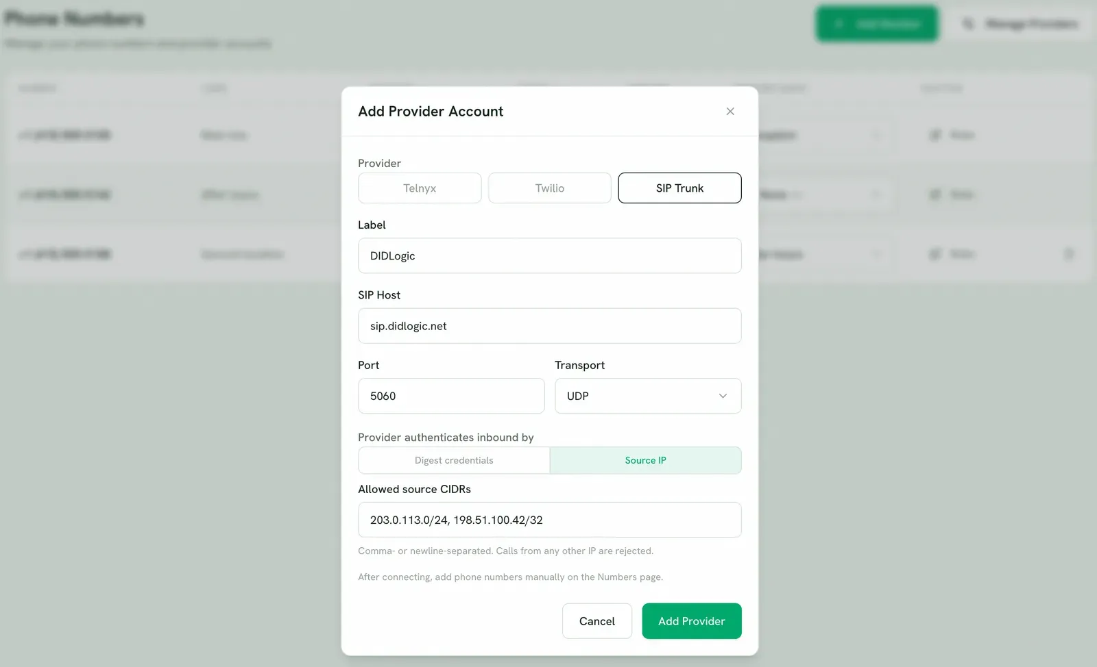The Add Provider dialog with SIP Trunk selected, inbound auth set to Source IP, and allowed CIDRs filled in