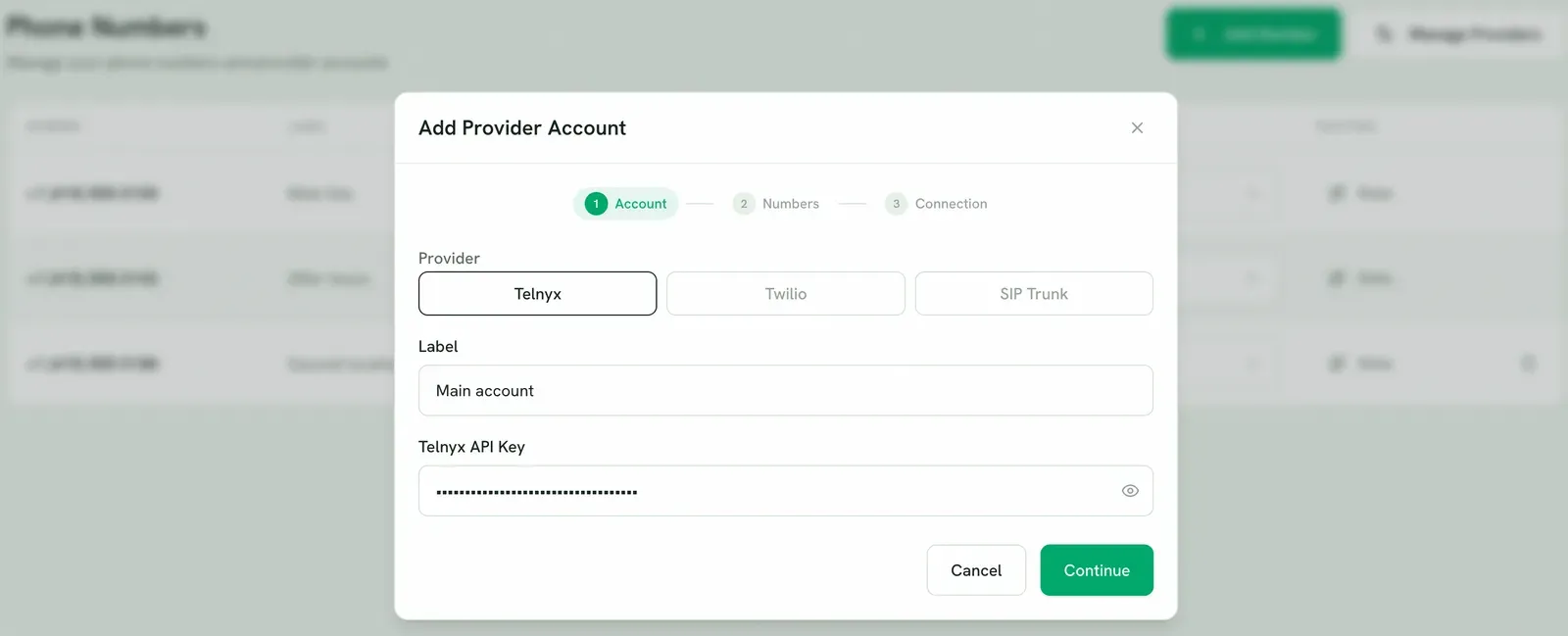 The Add Provider dialog on step one, Account, with Telnyx selected and an API key entered