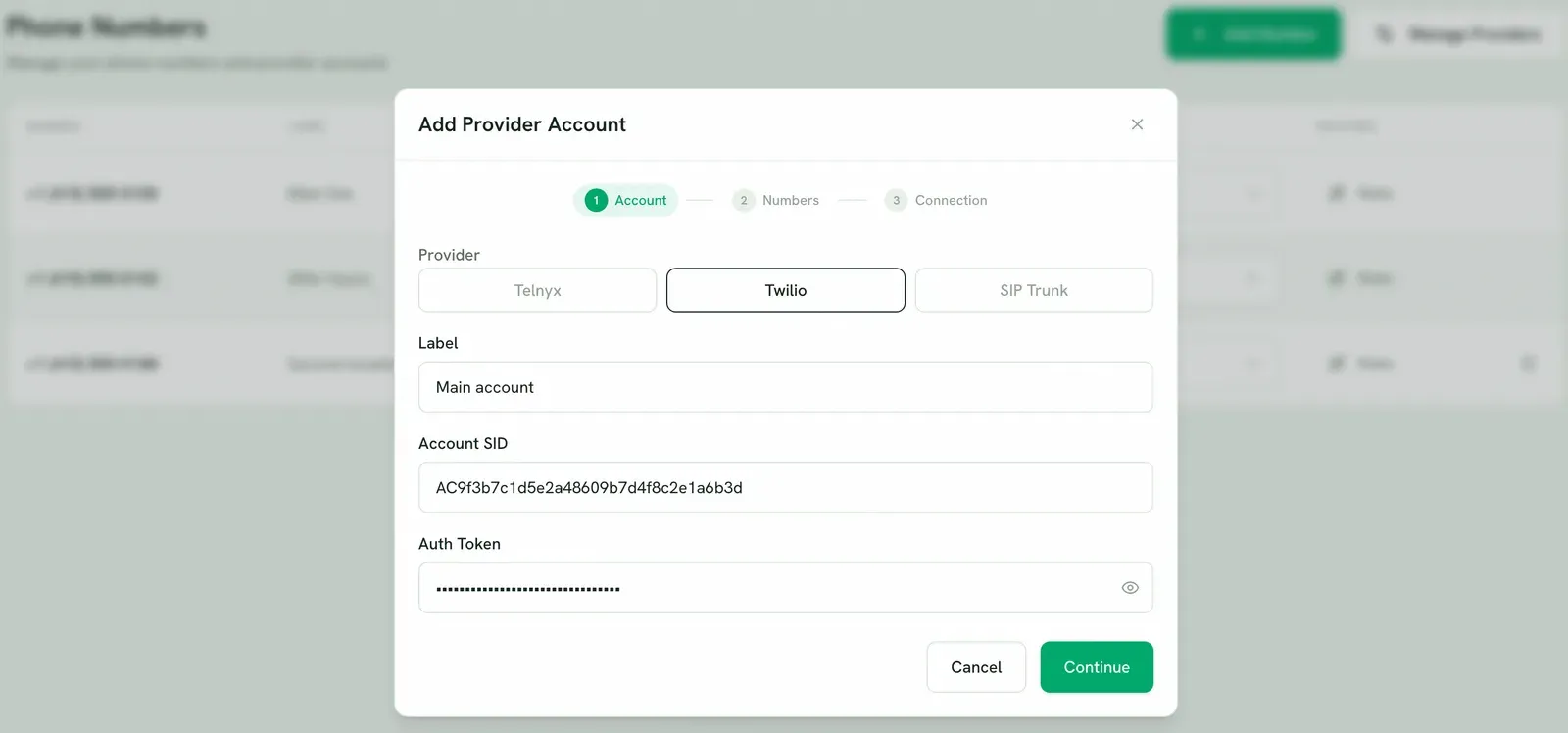 The Add Provider dialog on step one, Account, with Twilio selected and an Account SID entered