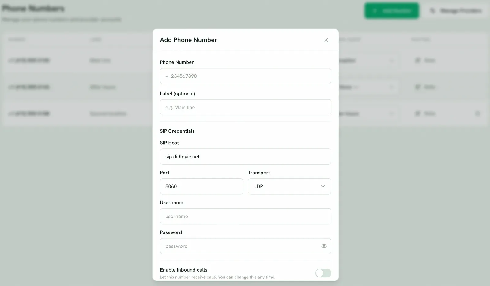 The Add Phone Number dialog with the SIP host, port and transport prefilled from the provider defaults