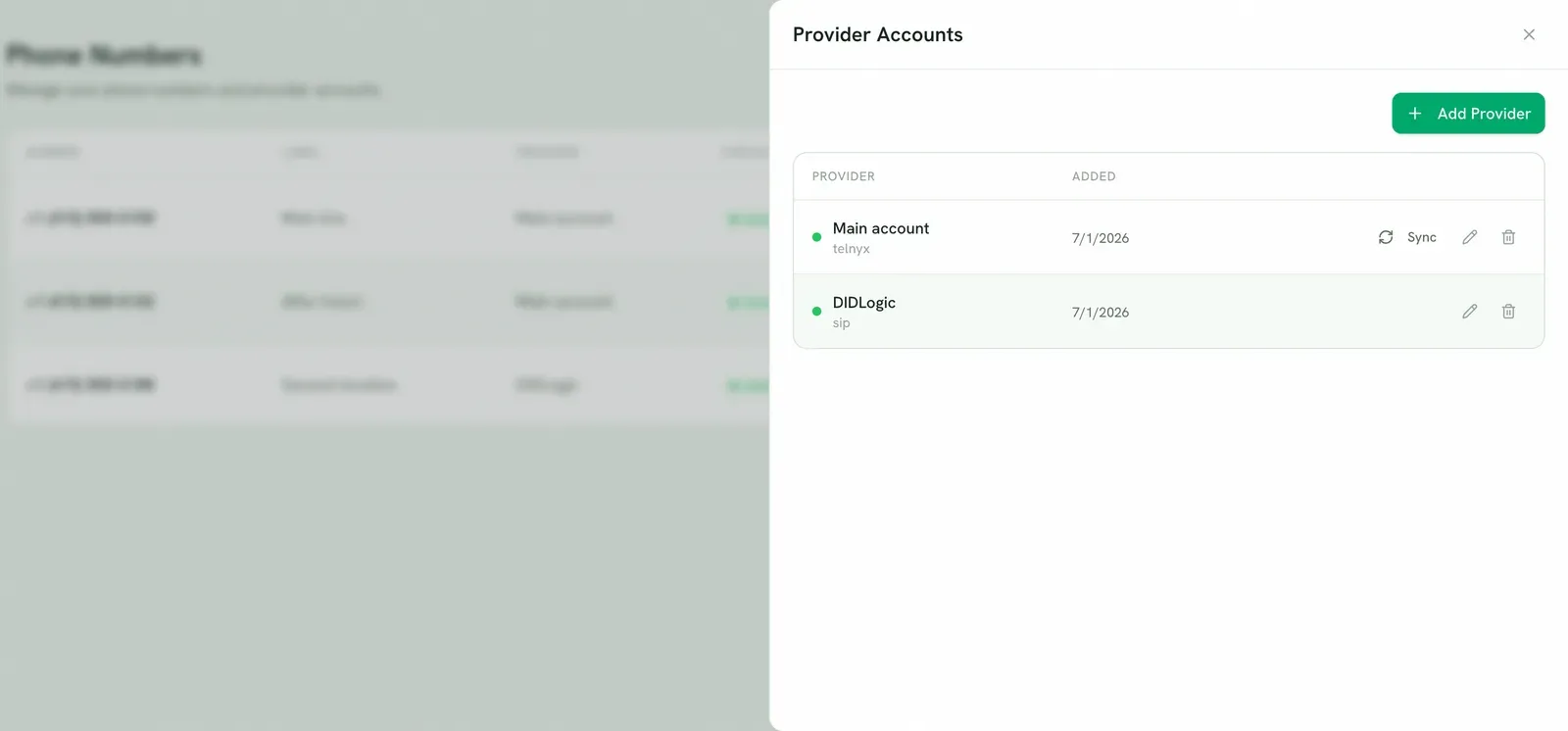 The Provider Accounts drawer listing two connected accounts, each with a Sync action