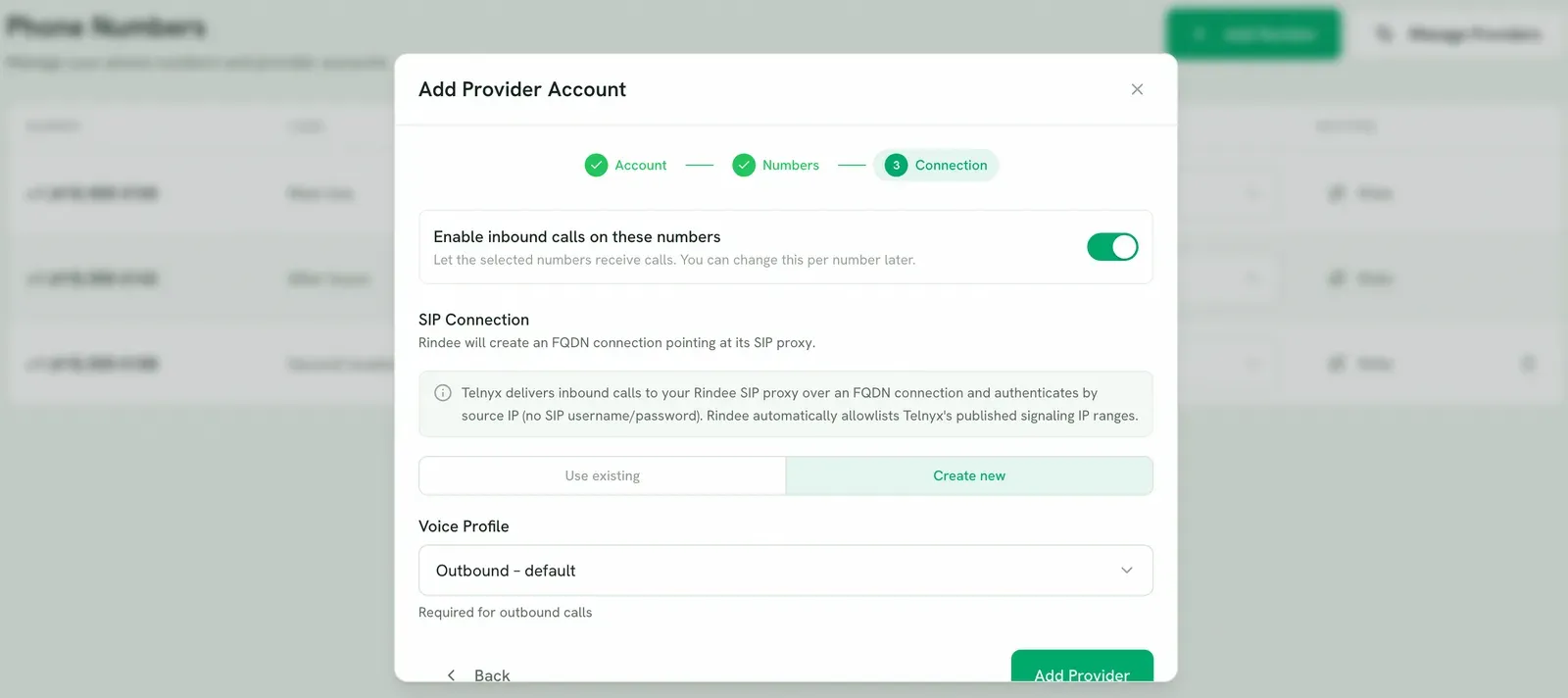 Step three, Connection, showing the source-IP notice, the connection mode toggle and the voice profile picker