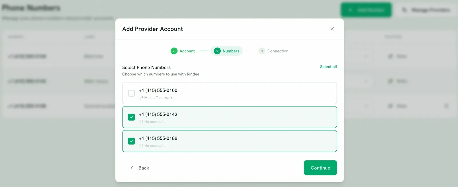 Step two, Numbers, listing three numbers — one already on a Telnyx connection, two with no connection
