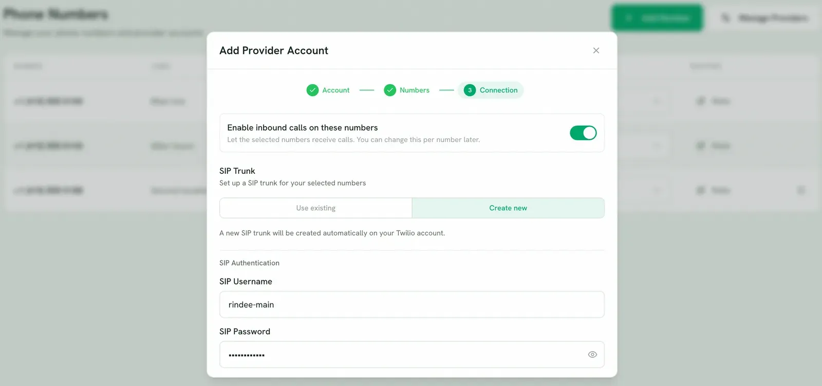 Step three, SIP Trunk, in create-new mode with a SIP username and password filled in