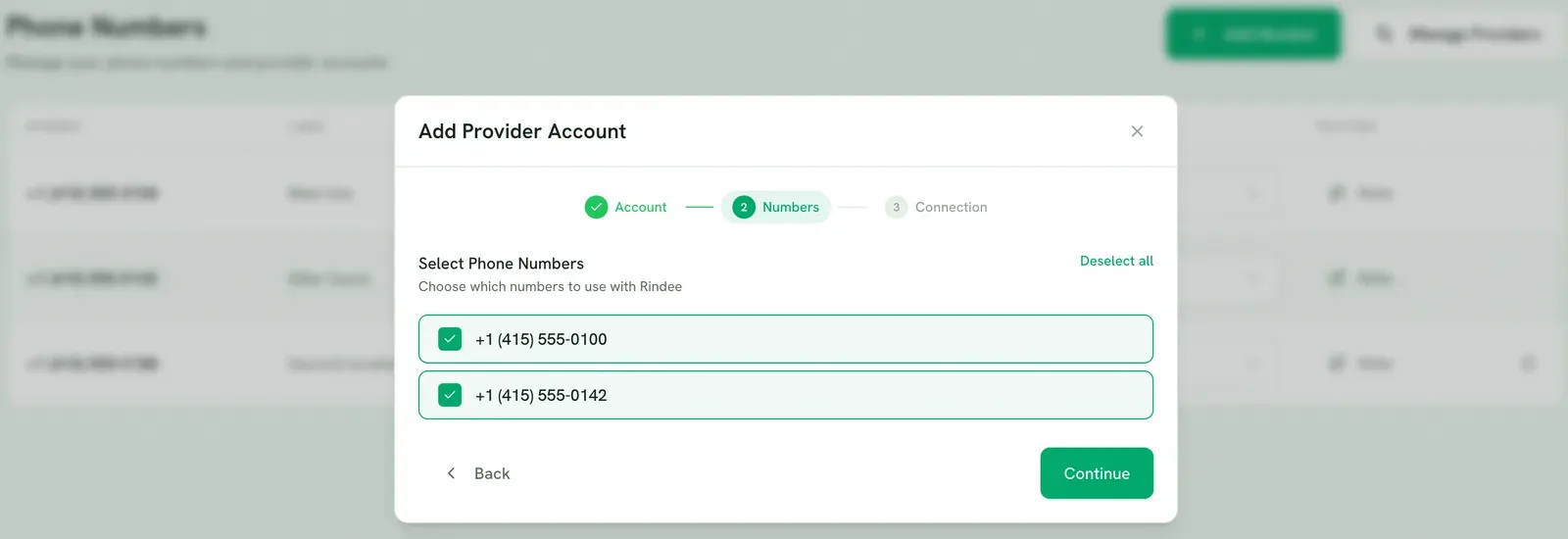 Step two, Numbers, with both numbers on the account ticked